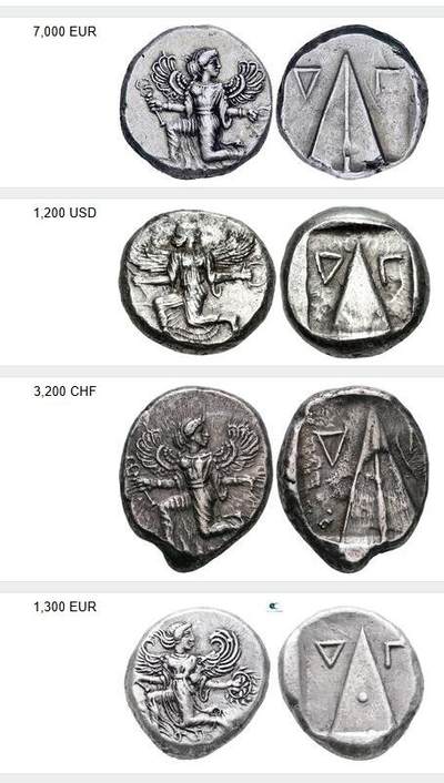 超级名誉品！古希腊-考诺斯城 张开双翼的女神斯塔特厚重大银11.67g 背面金字塔型圣石 浓厚的古埃及风格 前430-410年 该品种通常非常昂贵大几千几万都是常见情况