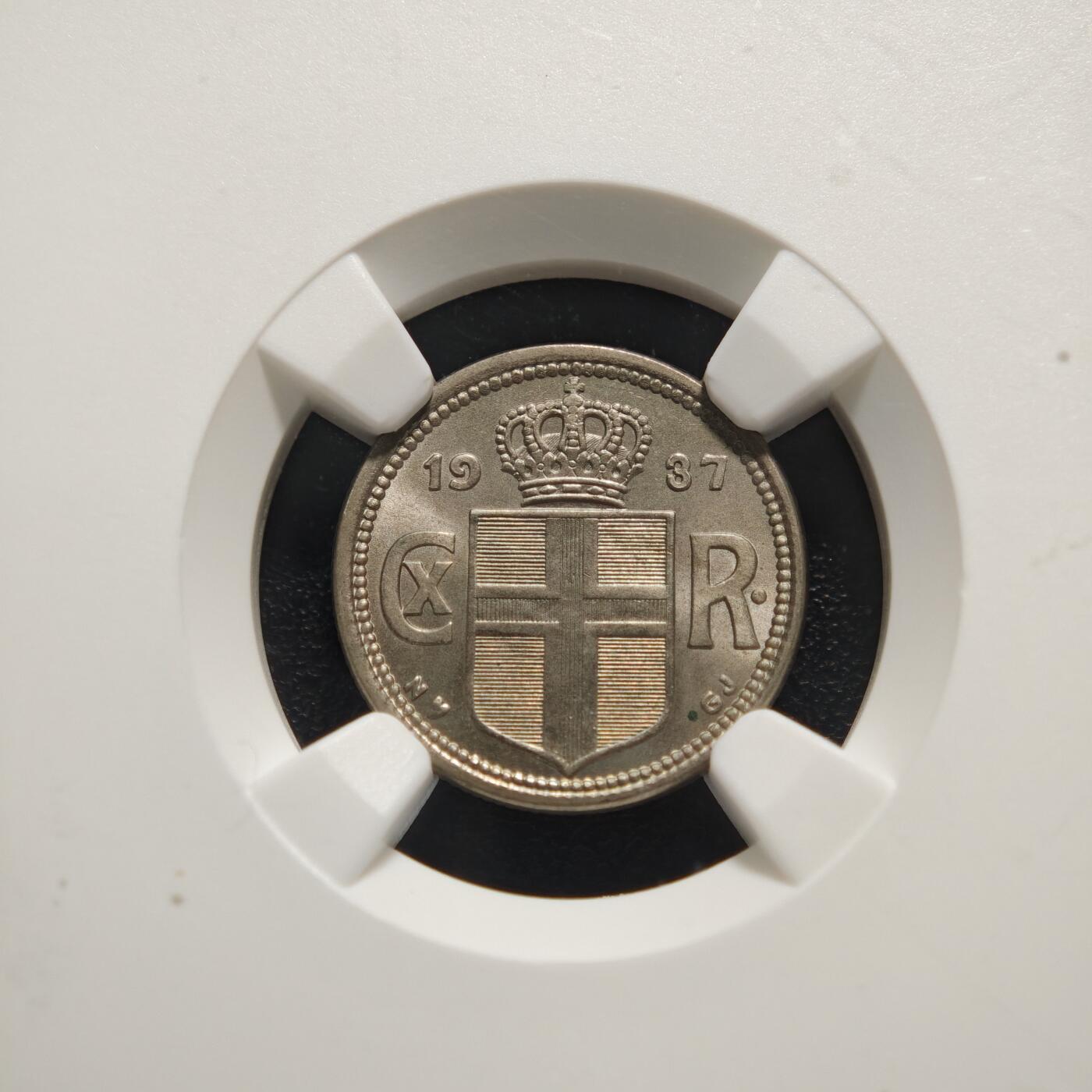 【德藏】世界币章拍卖第159期(元旦专场拍卖) 1937年 冰岛25奥拉镍币 NGC MS65 转光十足