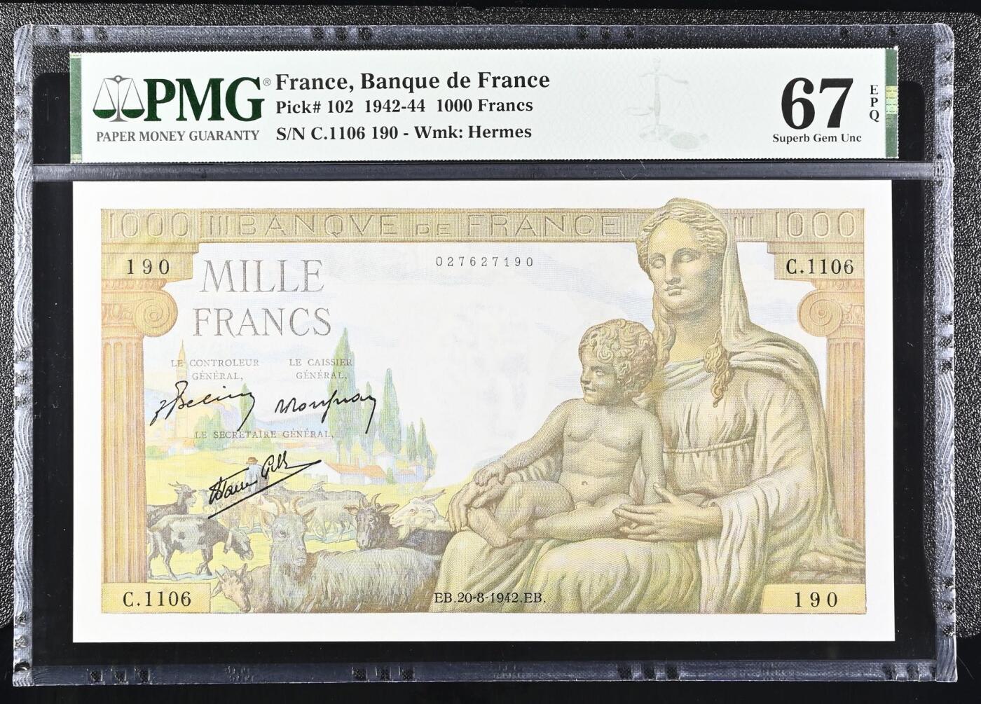 🐍甜小邱世界纸币收藏🐍第138期精品场💐 无347+倒置号 PMG67 法国 1000法郎 1942-44