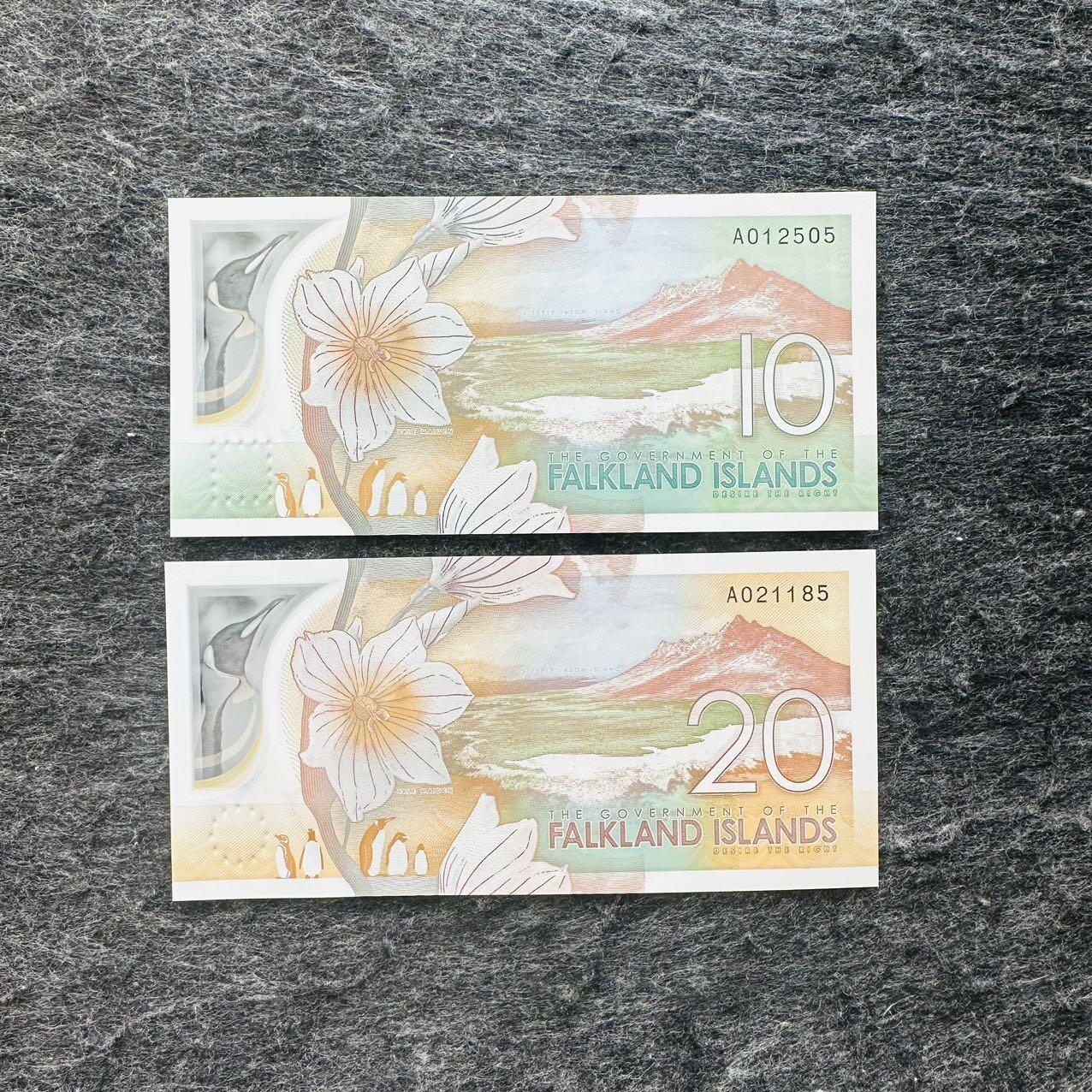 🇫🇯🇫🇰2530￥￥福克兰群岛2025年和斐济2026年全套Polymer塑料钞 福克兰群岛2025年10-20镑塑料钞，无47，尾5