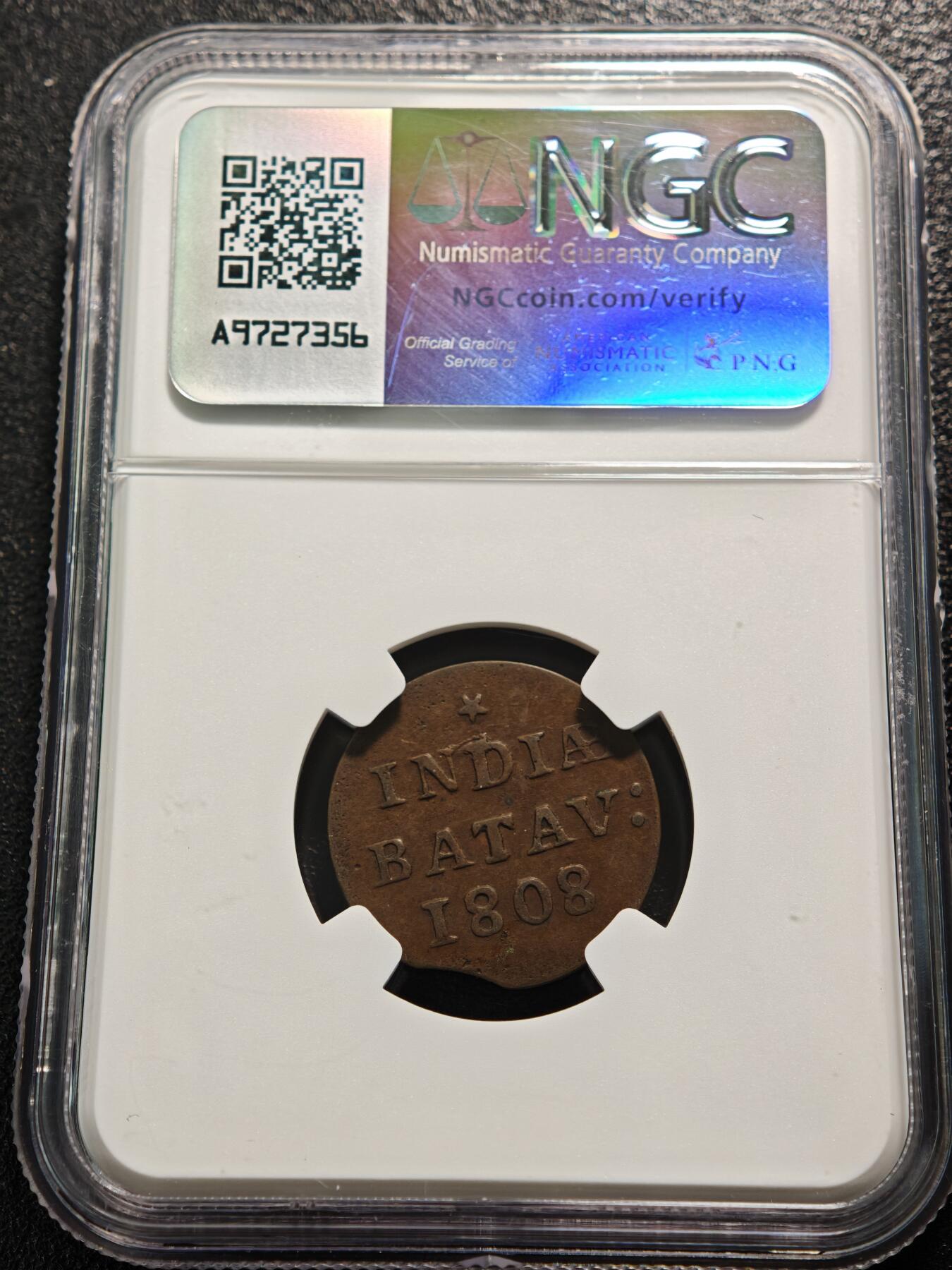 【德藏】世界币章拍卖第159期(元旦专场拍卖) 1808年 荷兰巴达维亚共和国统治荷属东印度（今印度尼西亚）5Stuiver铜币（1/16 Gulden） NGC AU53BN 味道好 状态好 拿破仑战争时期荷属东印度的经典殖民流通货币