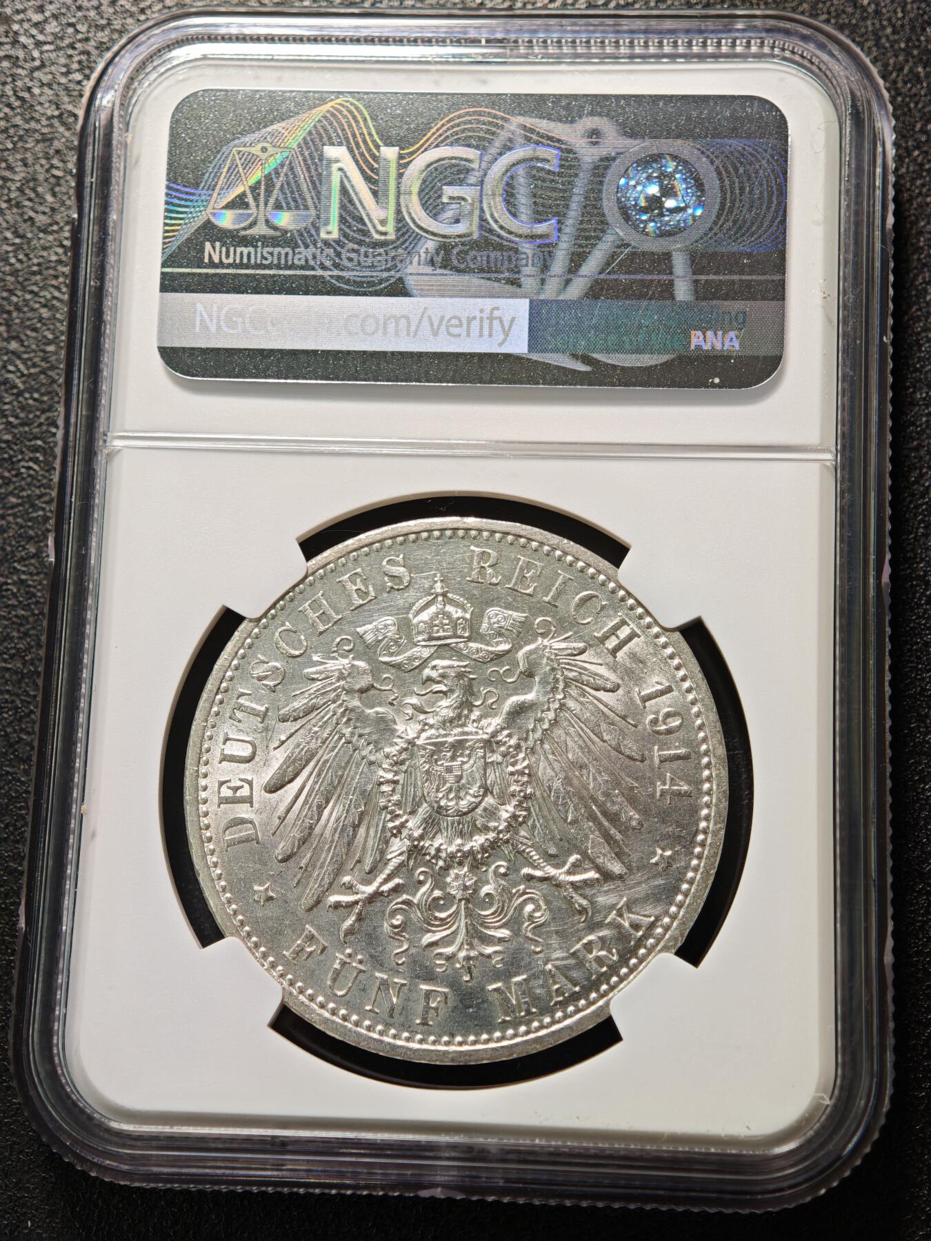 【德藏】世界币章拍卖第159期(元旦专场拍卖) 1914年 德国普鲁士威廉二世军装5马克大银币 NGC UNC 立体感强