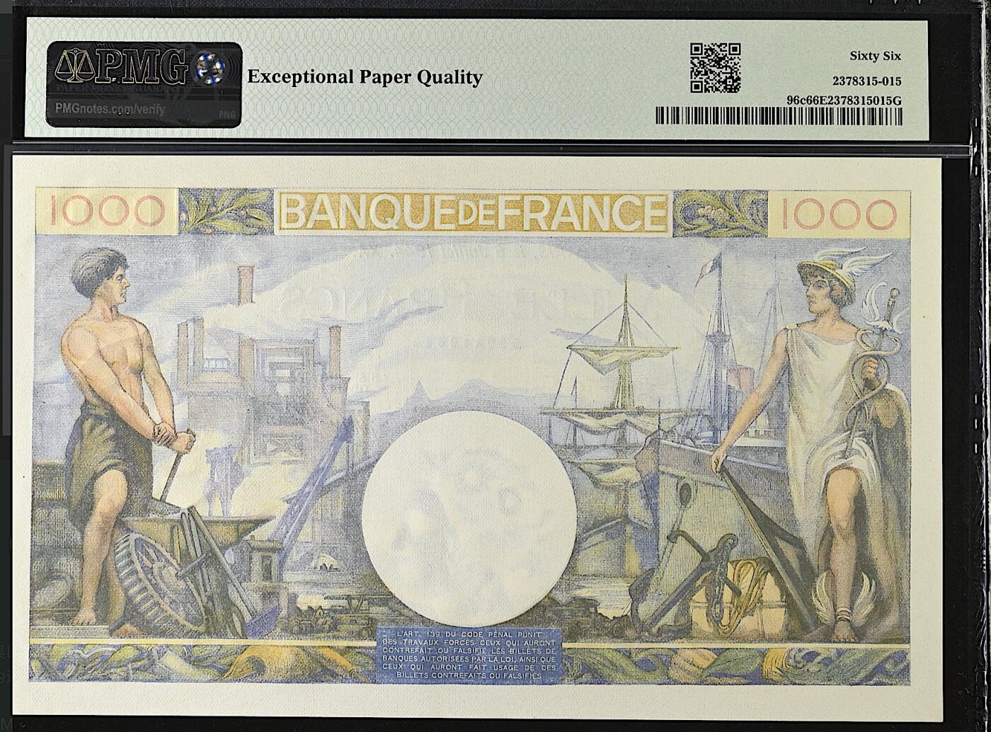 《艾美收藏》第226期-12.28周日外币精品场-蛇年收官 法国1000法郎 PMG66E 1944年老版本大票幅