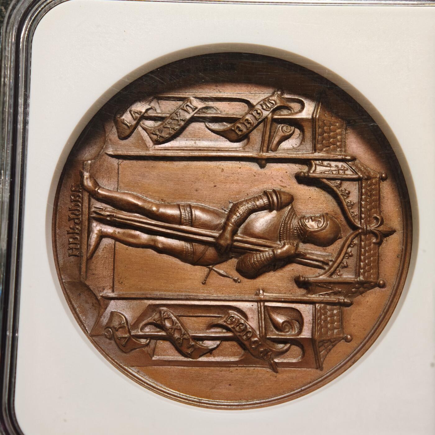 【德藏】世界币章拍卖第159期(元旦专场拍卖) 1886年 瑞士森帕赫战役600周年高浮雕纪念铜章 NGC MS64BN 包浆温润 立体感极强 细节极其丰富