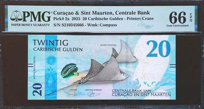 世界靓号纸钞第七十九期 - 2025年库拉索和圣马丁20盾 豹子号666 PMG66