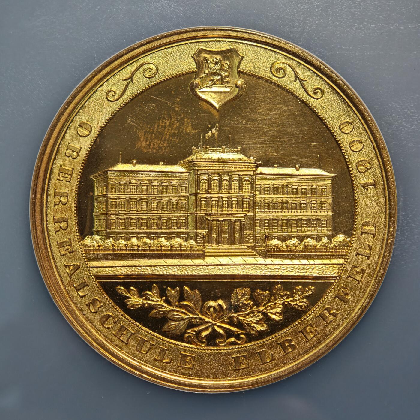 【德藏】世界币章拍卖第159期(元旦专场拍卖) 1900年 德国埃尔伯费尔德高等实科中学建校75周年50mm镀金纪念大铜章  NGC MS63 金水十足 类镜面底板