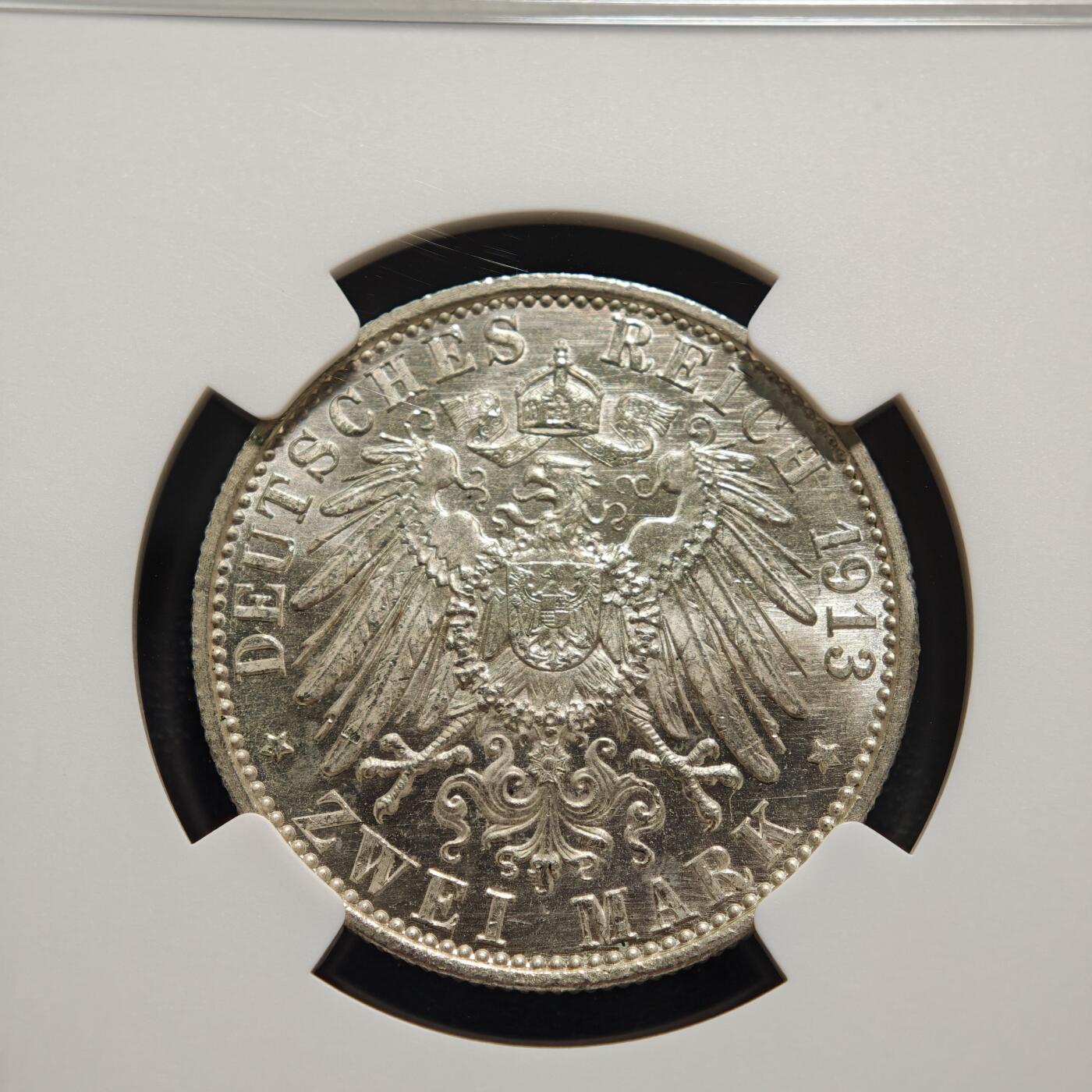 【德藏】世界币章拍卖第159期(元旦专场拍卖) 1913年 德国普鲁士威廉二世军装2马克银币 NGC MS63 原光十足 转光极强