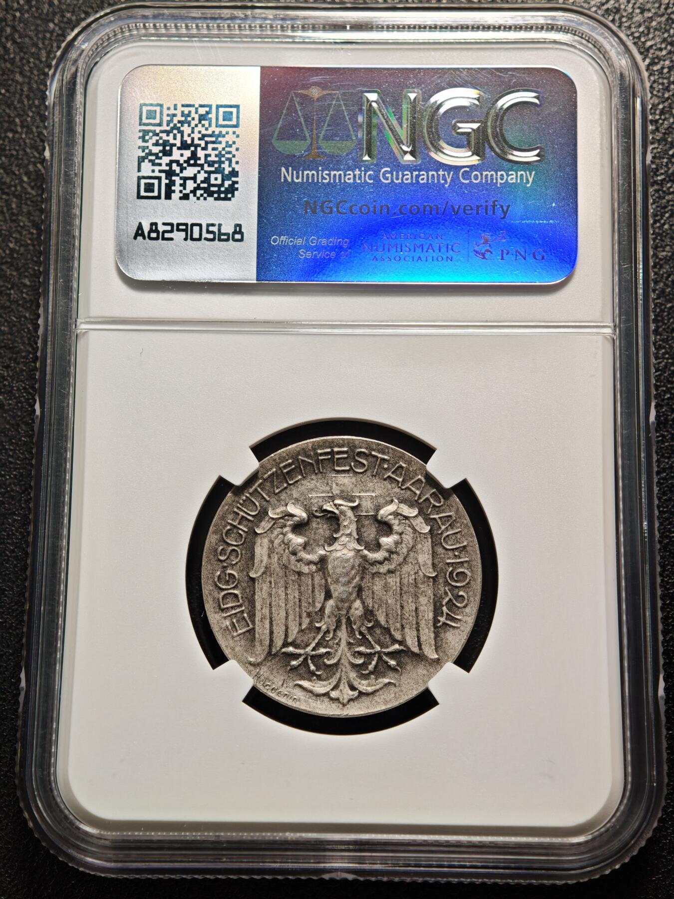 【德藏】世界币章拍卖第159期(元旦专场拍卖) 1924年 瑞士阿尔高州阿劳射击节银章 磨砂质感 鹰徽细腻 整体包浆搭配图案映衬出十足朦胧感 NGC MS64