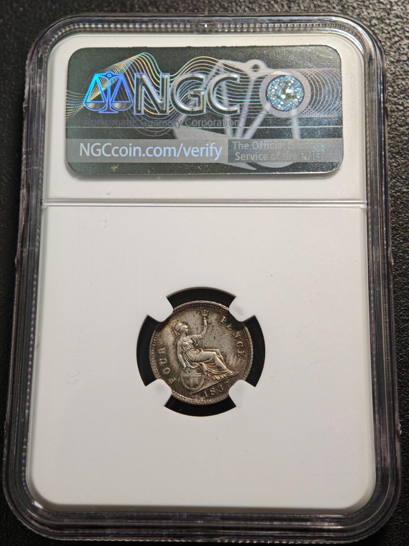 【德藏】世界币章拍卖第159期(元旦专场拍卖) 1837年 英国威廉四世4便士银币 NGC MS63 环彩包浆 图案立体感强