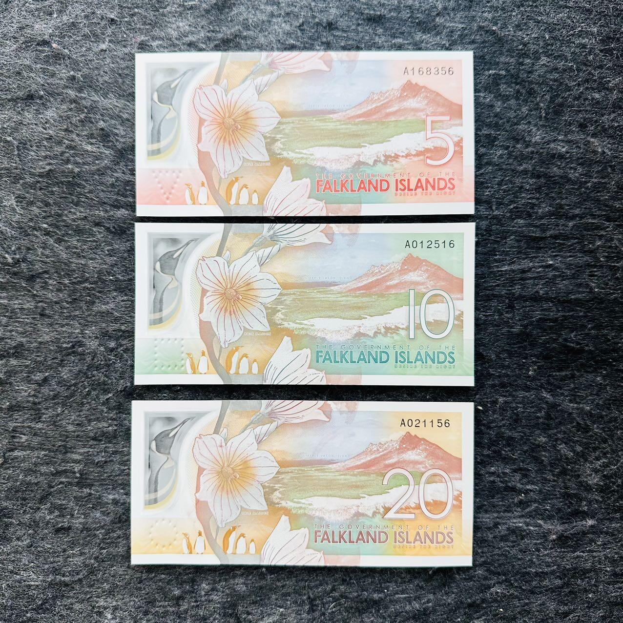 🇫🇯🇫🇰2530￥￥福克兰群岛2025年和斐济2026年全套Polymer塑料钞 356-516-156 尾6