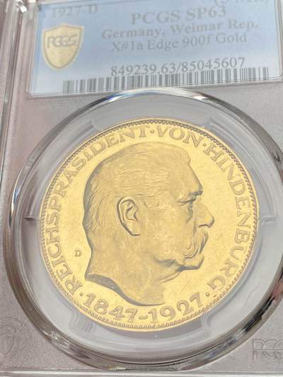 万国钱币拍卖第058期（万国新年大拍） PCGS SP63 1927年德国魏玛共和国兴登堡总统80大寿金质币章 金质深度镜面底板与卡尔歌茨的顶级设计完美结合 大尺寸黄金精铸镜面质感秀色可餐 22.58g 900金