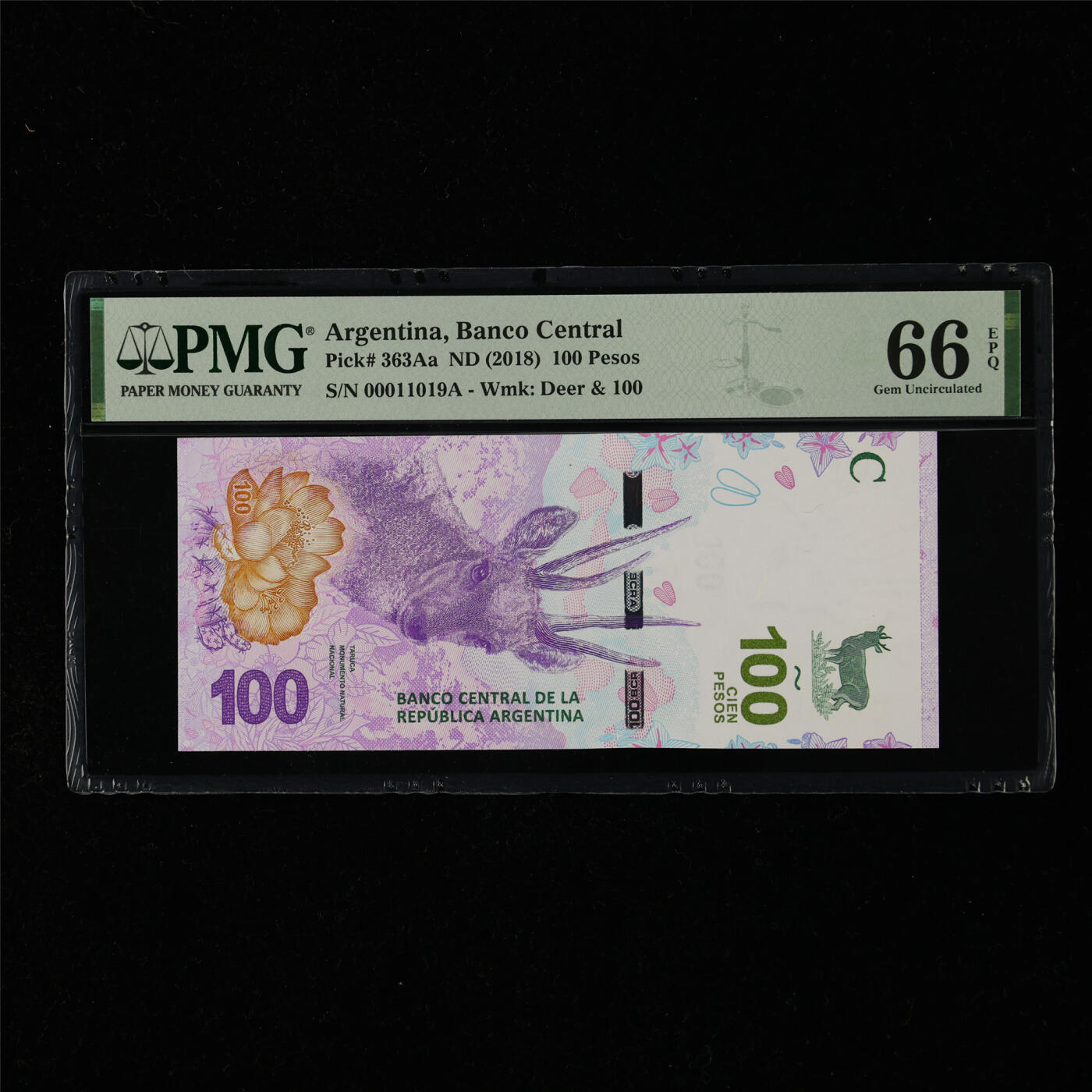 【亘邦集藏】第218期拍卖 2018年 阿根廷100比索 PMG 66EPQ 00011019A
