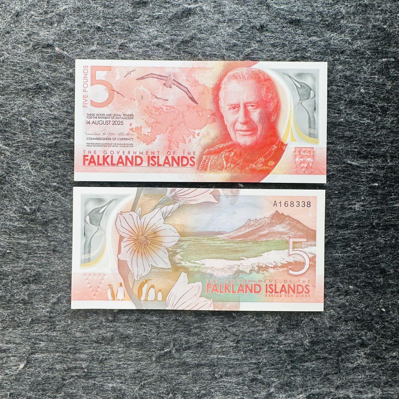 🇫🇯🇫🇰2530￥￥福克兰群岛2025年和斐济2026年全套Polymer塑料钞 福克兰群岛2025年5镑塑料钞，A168398
