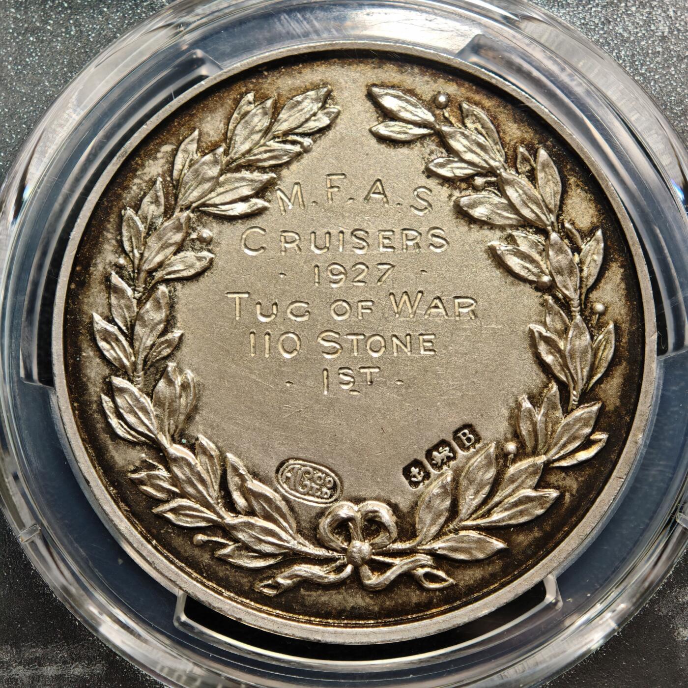 【德藏】世界币章拍卖第159期(元旦专场拍卖) 1927年 英国皇家海军巡洋舰部队拔河比赛冠军奖章纪念银章 PCGS MS65 少见品种