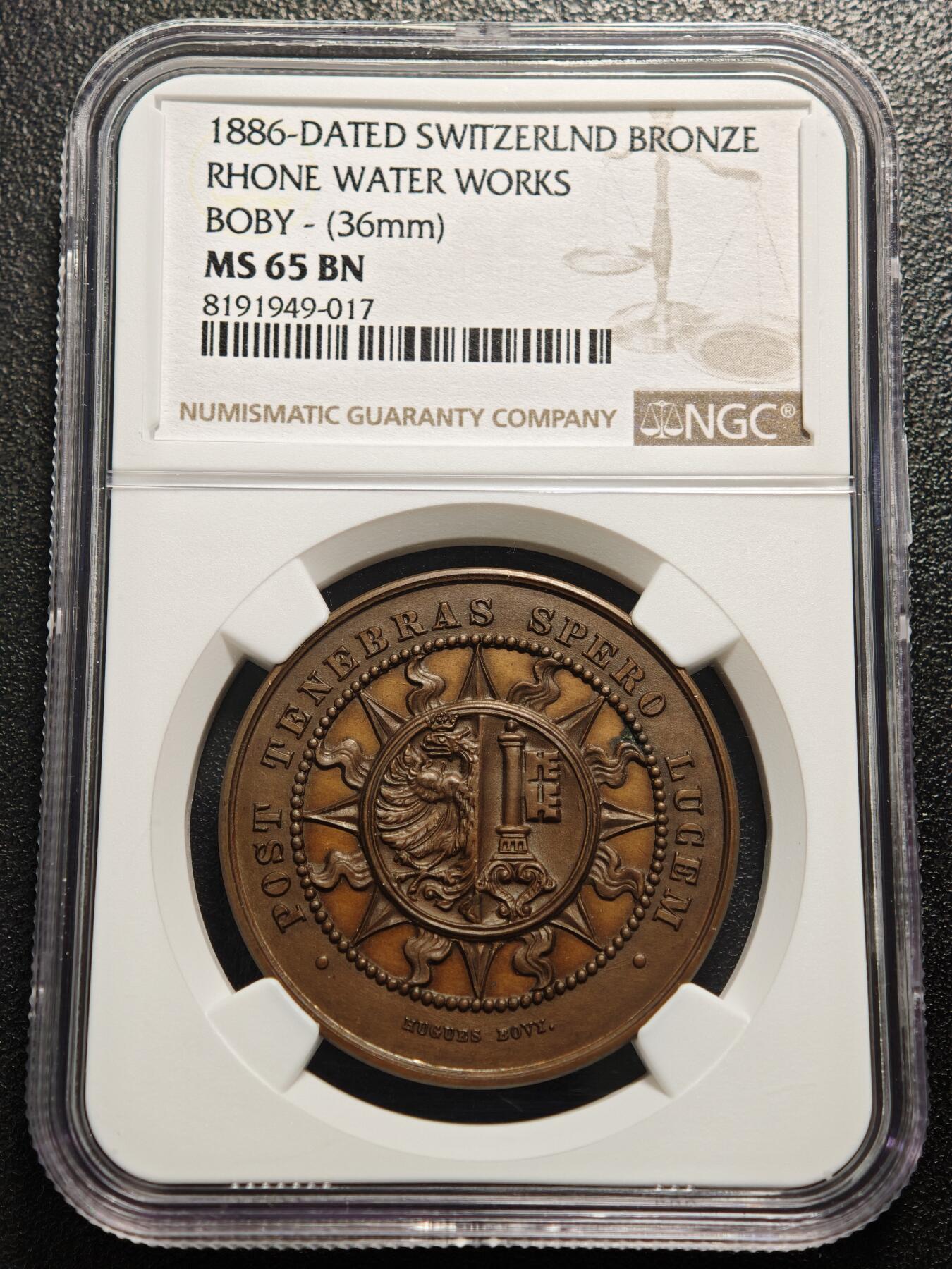 【德藏】世界币章拍卖第159期(元旦专场拍卖) 1886年 瑞士日内瓦市议会决议会议纪念铜章 NGC MS65BN 细节立体 包浆温润