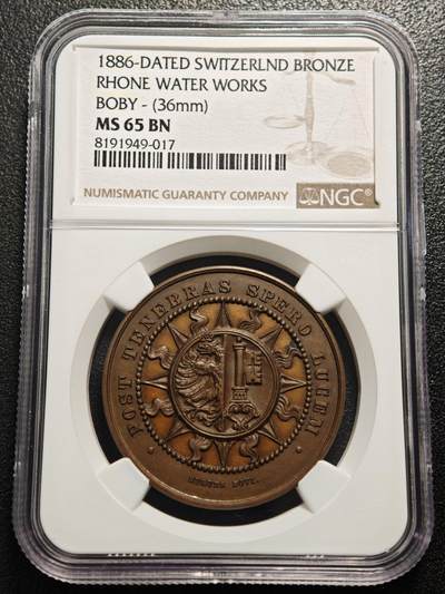 【德藏】世界币章拍卖第159期(元旦专场拍卖) - 1886年 瑞士日内瓦市议会决议会议纪念铜章 NGC MS65BN 细节立体 包浆温润