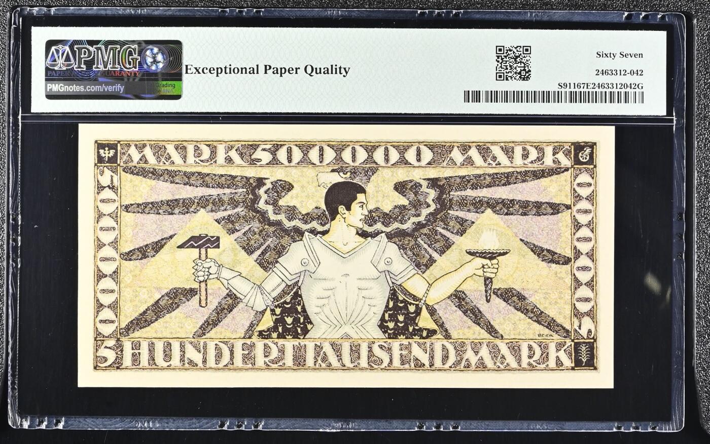 🐍甜小邱世界纸币收藏🐍第138期精品场💐 冠军分！无347倒置号 PMG67 巴登地区银行 500000马克 1923 “雄鹰一样的男人”