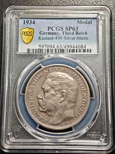 【德藏】世界币章拍卖第159期(元旦专场拍卖) - 1934年 德国兴登堡逝世纪念银章 章牌大师卡尔·歌茨作品 PCGS SP63 少见品种！
