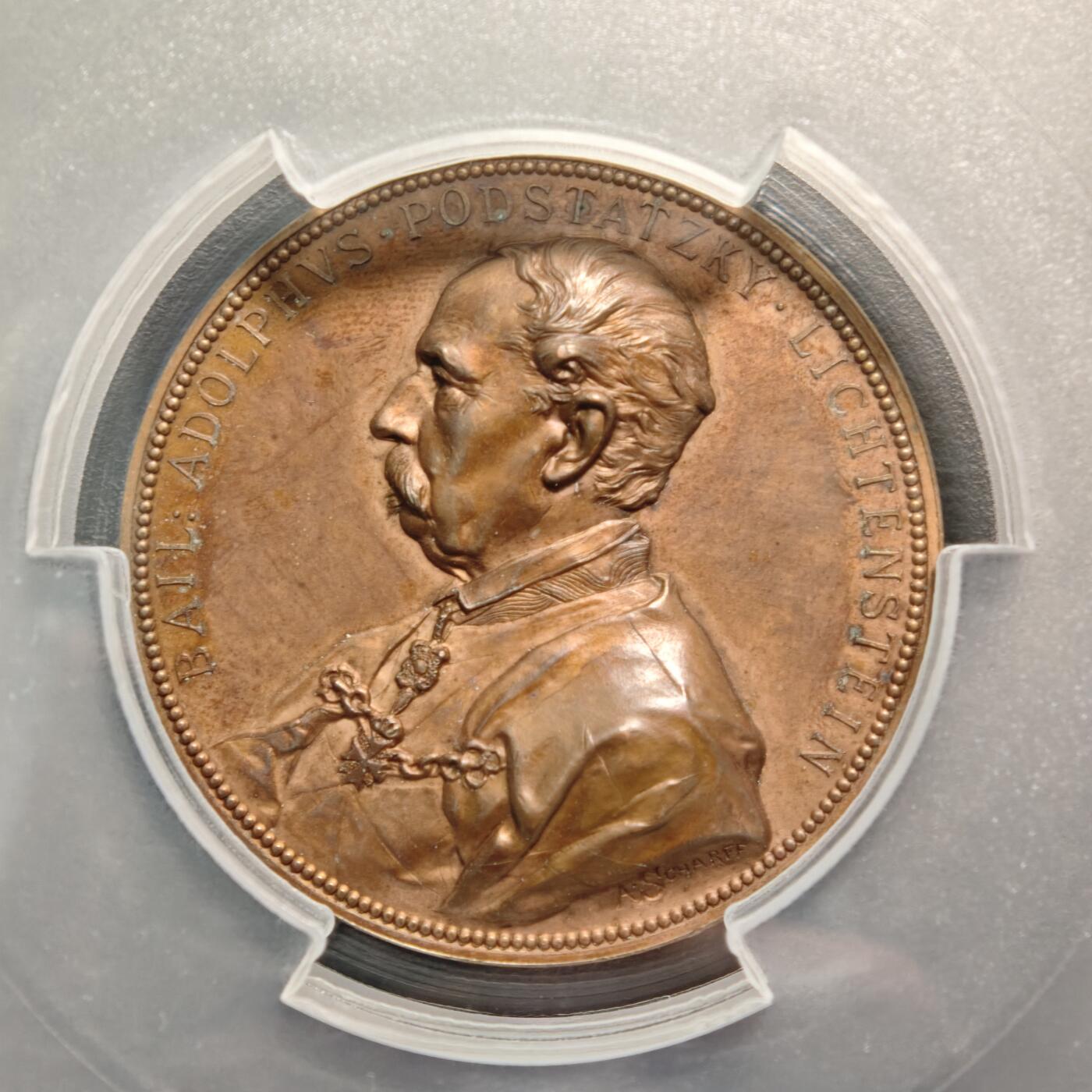 【德藏】世界币章拍卖第159期(元旦专场拍卖) 1884年 奥地利纪念马耳他骑士团骑士兼大团长大铜章，直径49毫米，重量59.83克，PCGS UNC 正面是阿道夫·波达茨基身穿骑士团制服、佩戴勋章的左侧面肖像，背面是双狮护卫着盾徽和皇冠的图案。双狮设计特别漂亮，是奥地利章牌大师安东·沙夫的作品，铜质精良，品相完好，早期PCGS低评，稀少品种