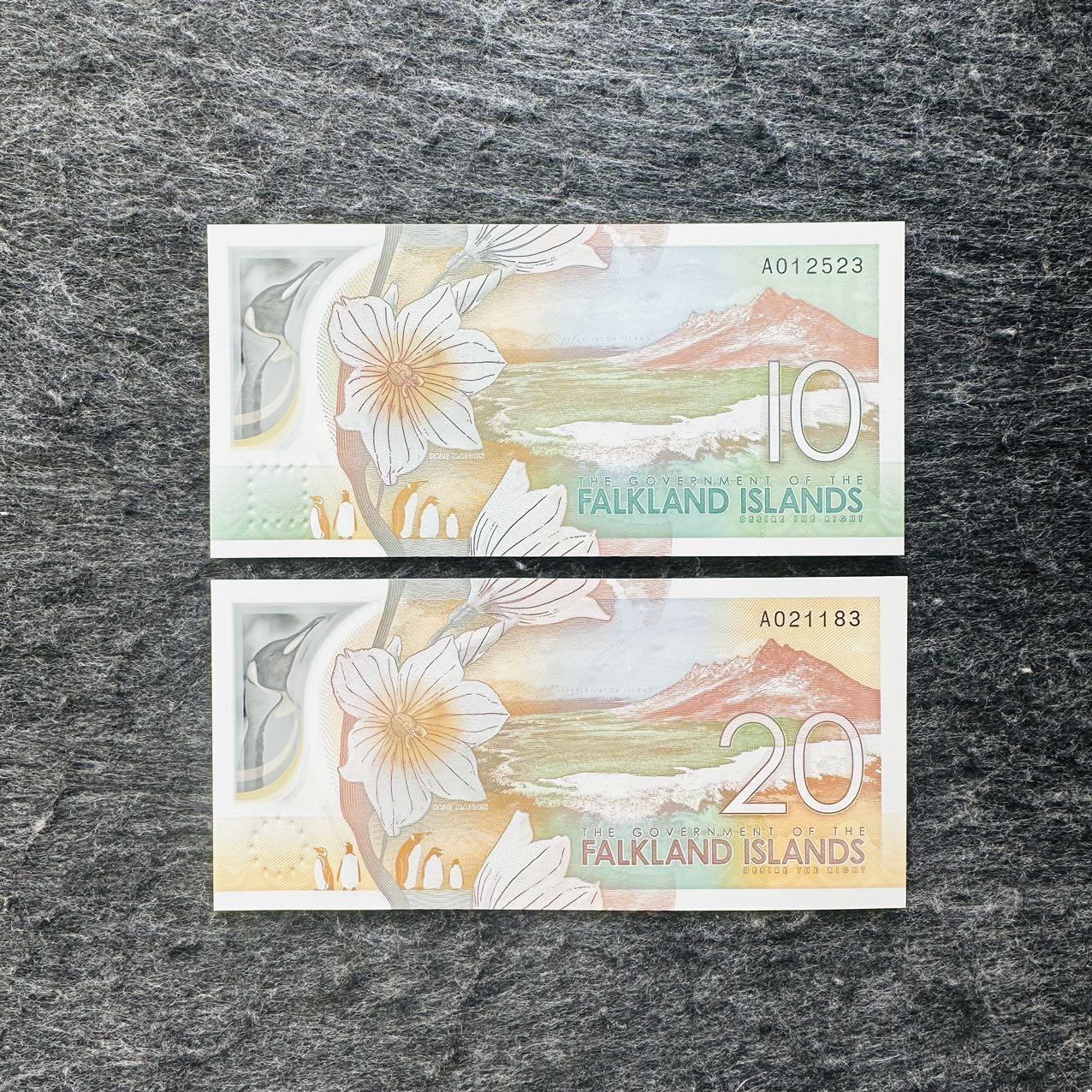 🇫🇯🇫🇰2530￥￥福克兰群岛2025年和斐济2026年全套Polymer塑料钞 福克兰群岛2025年10-20镑塑料钞，无47，尾3