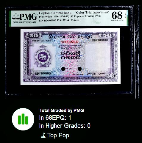 【Blue Auction】世界纸币精拍第769期——18级TOP拍卖/信誉/品质/专业/高效💫 【唯一冠军分 试色样票如此高分珍罕 该套筋票】锡兰 1956-59年50卢比 BWC出品 PMG68EPQ超高分 该面值实钞好品极少见为该套最难找到的 设计非常漂亮 背面古城波隆纳鲁沃象征生死轮回和通往自由道路的月亮石 （67分5年前都拍了900美金 这张68分唯一冠军分价值可想而知）