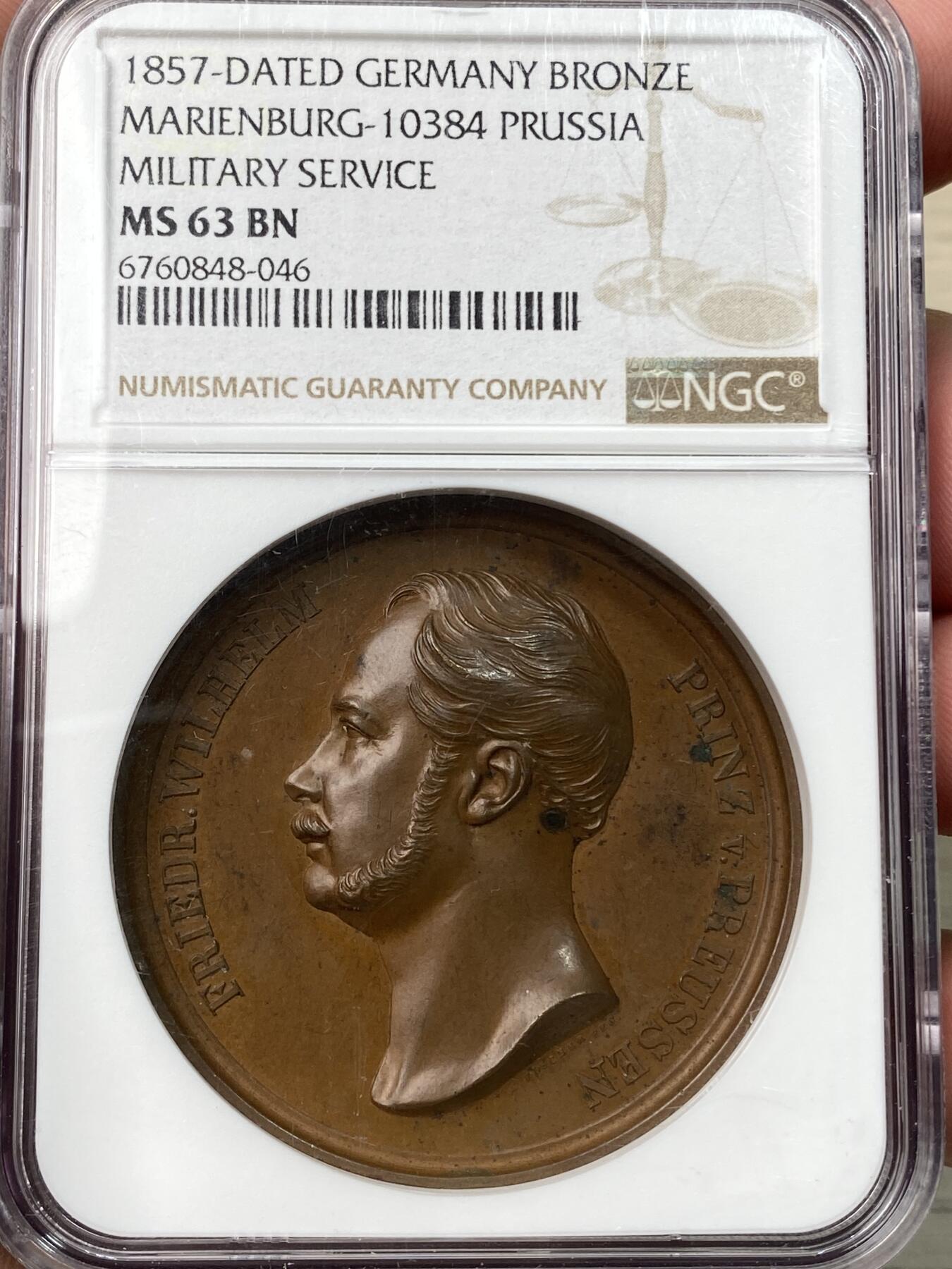 万国钱币拍卖第058期（万国新年大拍） NGC MS63 1857年德国普鲁士威廉四世时期纪念“炮弹亲王”（即1871帝国的威廉一世)威廉王子服役50周年纪念大铜章 普鲁士帝国早期高浮雕名作 少见的威廉一世年轻时期 原铜光极美