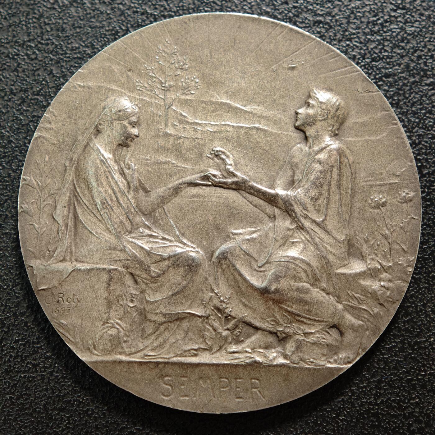 【德藏】世界币章拍卖第159期(元旦专场拍卖) 1909年(刻字) 法国结婚纪念银章 名家罗蒂作品 原盒 直径约：41.4mm；重约：32g 原味包浆