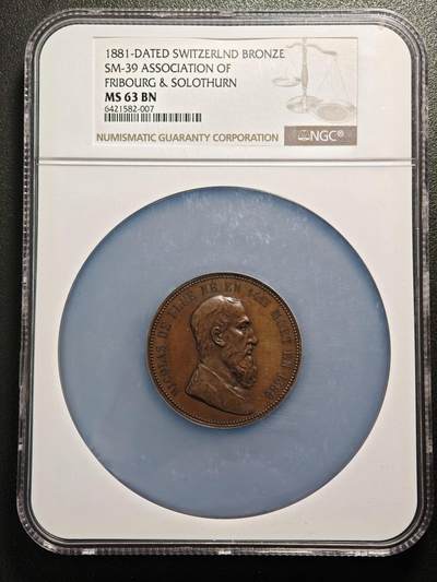 【德藏】世界币章拍卖第159期(元旦专场拍卖) - 1881年 瑞士弗莱堡和索洛图恩与瑞士联邦400周年纪念三女神大铜章 NGC MS63BN 包浆温润 人物刻画传神
