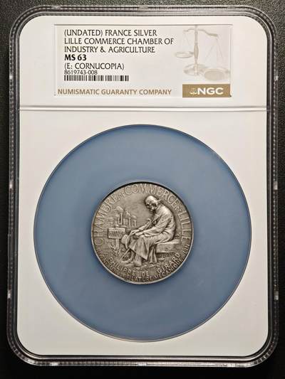 【德藏】世界币章拍卖第159期(元旦专场拍卖) - 19世纪 法国里尔商会约46mm纪念大银章 NGC MS63 磨砂质感 立体感十足