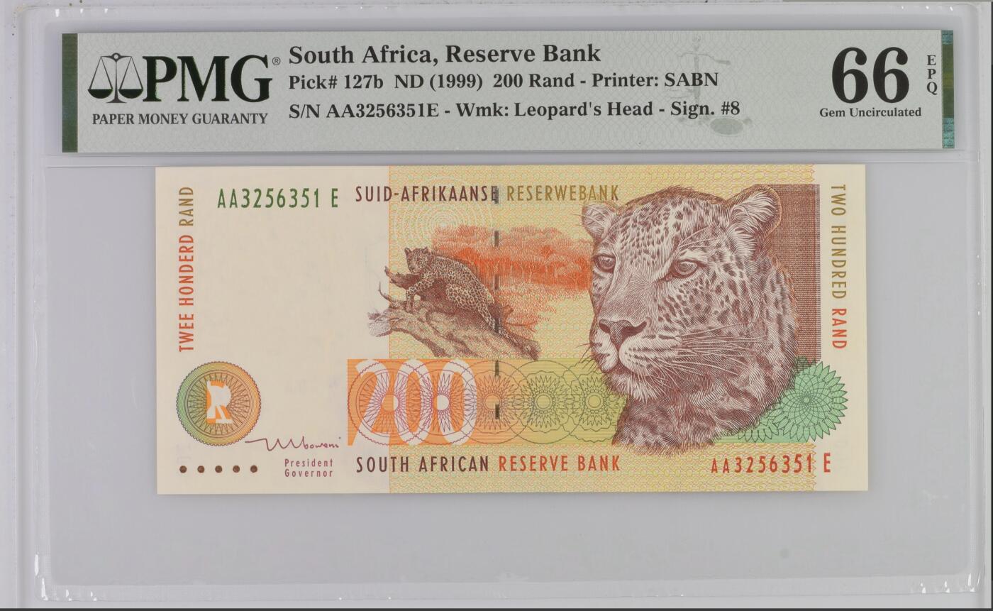 《艾美收藏》第226期-12.28周日外币精品场-蛇年收官 南非200兰特 PMG66E 1999年 AA冠 无47