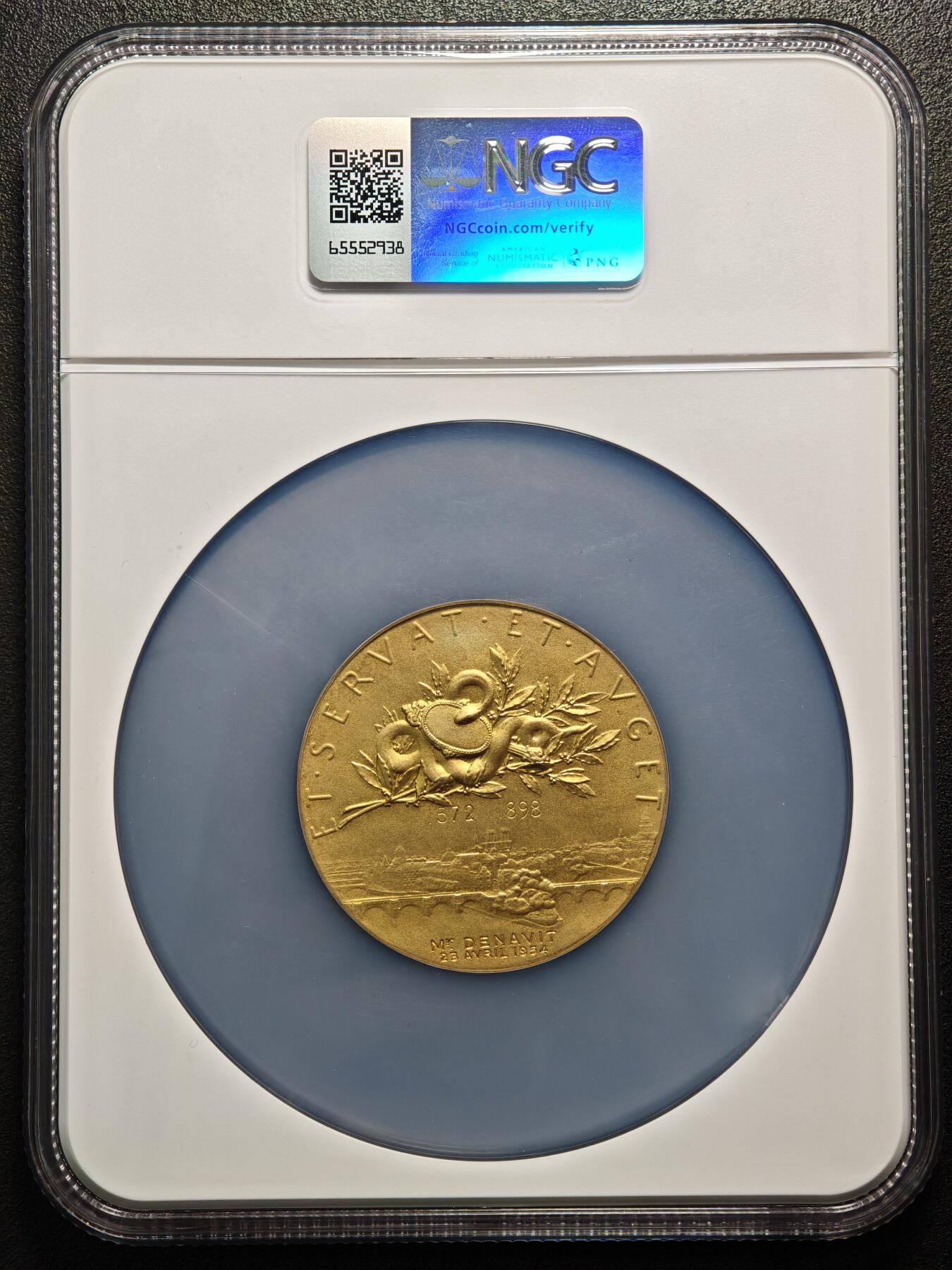 【德藏】世界币章拍卖第159期(元旦专场拍卖) 1898年 法国证券交易所代理人镀金50mm纪念大银章 名家罗蒂作品 NGC MS65 磨砂质感 金水十足 人物刻画传神