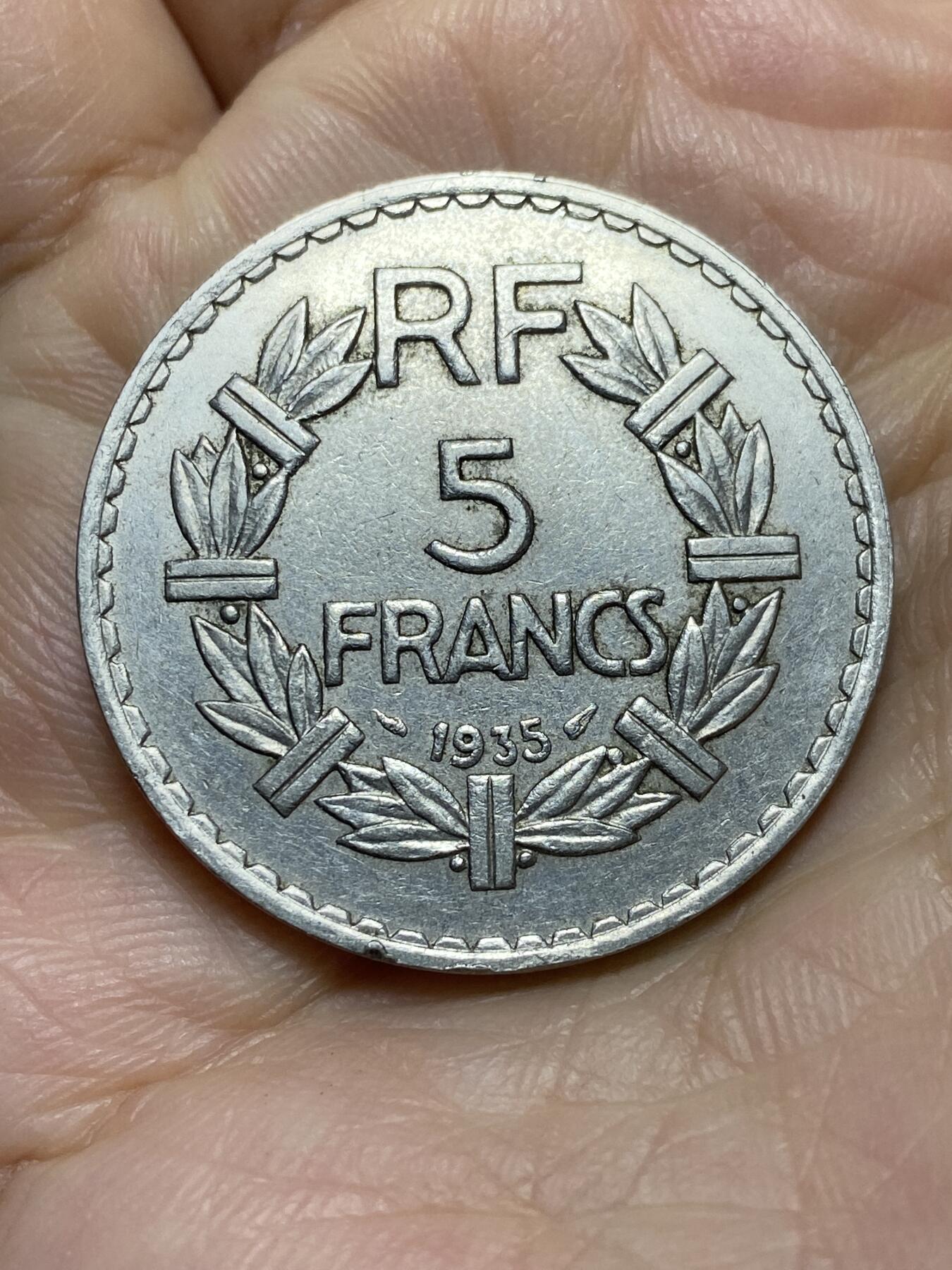 2025年第一百四十三场(总第一百六十九场）外国好品散币场(免佣金) 好品–法兰西第三共和国1935年5法郎(纯镍材质版)