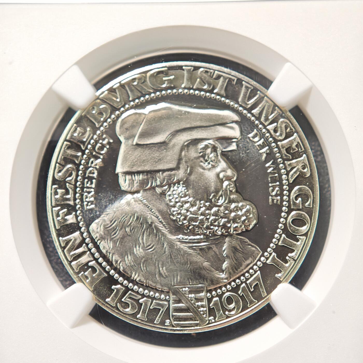 【德藏】世界币章拍卖第159期(元旦专场拍卖) 1917年 德国萨克森魏玛艾森纳赫邦马丁·路德宗教改革400周年3马克精制纪念银币 后铸 NGC PF69C 镜面十足