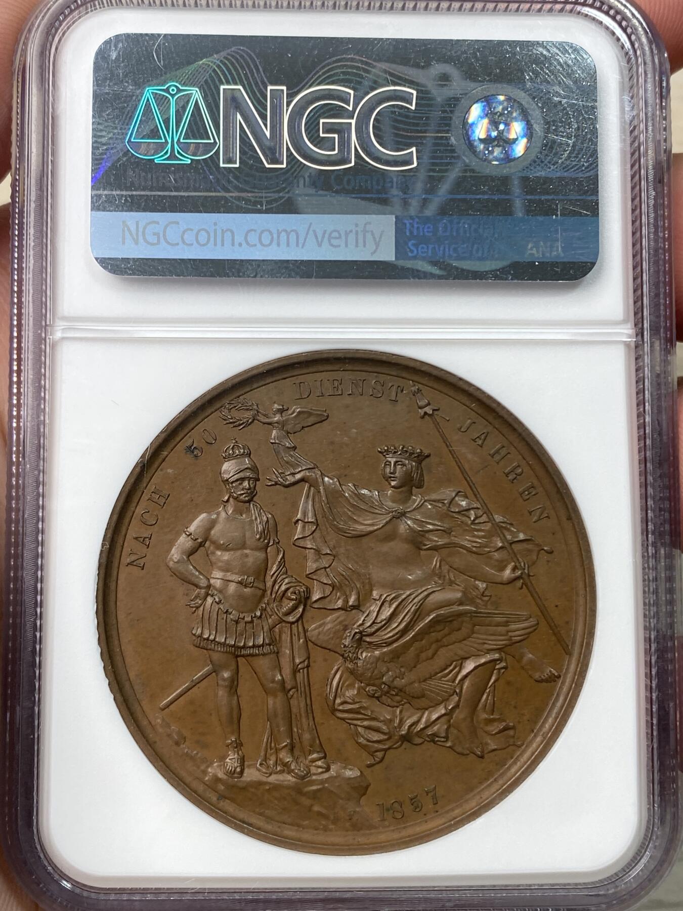 万国钱币拍卖第058期（万国新年大拍） NGC MS63 1857年德国普鲁士威廉四世时期纪念“炮弹亲王”（即1871帝国的威廉一世)威廉王子服役50周年纪念大铜章 普鲁士帝国早期高浮雕名作 少见的威廉一世年轻时期 原铜光极美