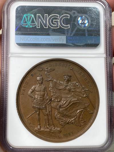 万国钱币拍卖第058期（万国新年大拍） NGC MS63 1857年德国普鲁士威廉四世时期纪念“炮弹亲王”（即1871帝国的威廉一世)威廉王子服役50周年纪念大铜章 普鲁士帝国早期高浮雕名作 少见的威廉一世年轻时期 原铜光极美