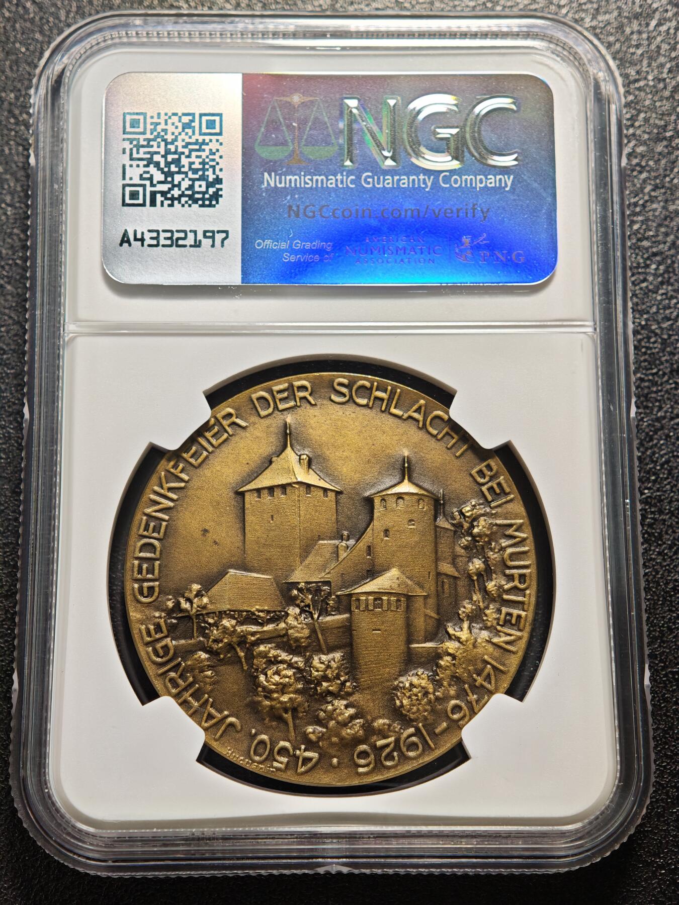 【德藏】世界币章拍卖第159期(元旦专场拍卖) 1926年 瑞士穆尔滕战役450周年纪念铜章 浮雕感极强 人物刻画传神 NGC MS63BN 穆尔滕战役‌是1476年瑞士联邦与勃艮第公国在瑞士穆尔滕地区爆发的关键战役