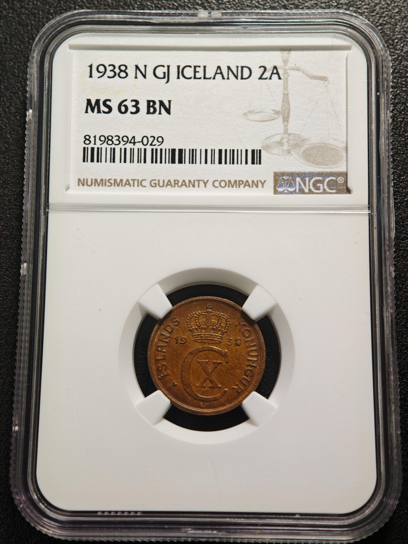 【德藏】世界币章拍卖第159期(元旦专场拍卖) 1938年 冰岛2奥拉铜币 NGC MS63BN 状态极佳