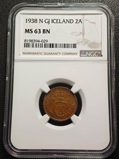 【德藏】世界币章拍卖第159期(元旦专场拍卖) - 1938年 冰岛2奥拉铜币 NGC MS63BN 状态极佳