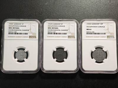 【德藏】世界币章拍卖第159期(元旦专场拍卖) - 1945、47年 德国民族社会主义工人党1、5、10芬尼 NGC UNC、MS61 （原图请查询NGC评级官网）