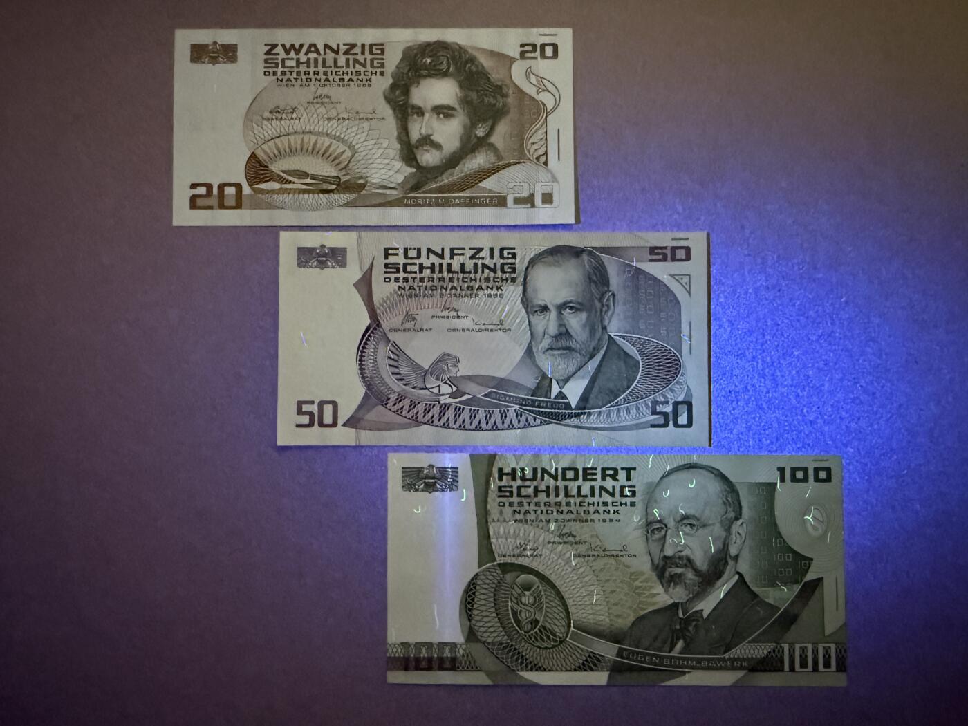 《艾美收藏》第226期-12.28周日外币精品场-蛇年收官 奥地利20、50、100先令3张 UNC 末版