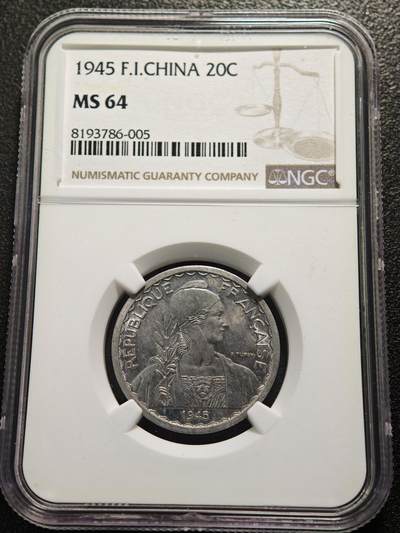 【德藏】世界币章拍卖第159期(元旦专场拍卖) - 1945年 法属印度支那20分铝币 NGC MS64 状态极佳