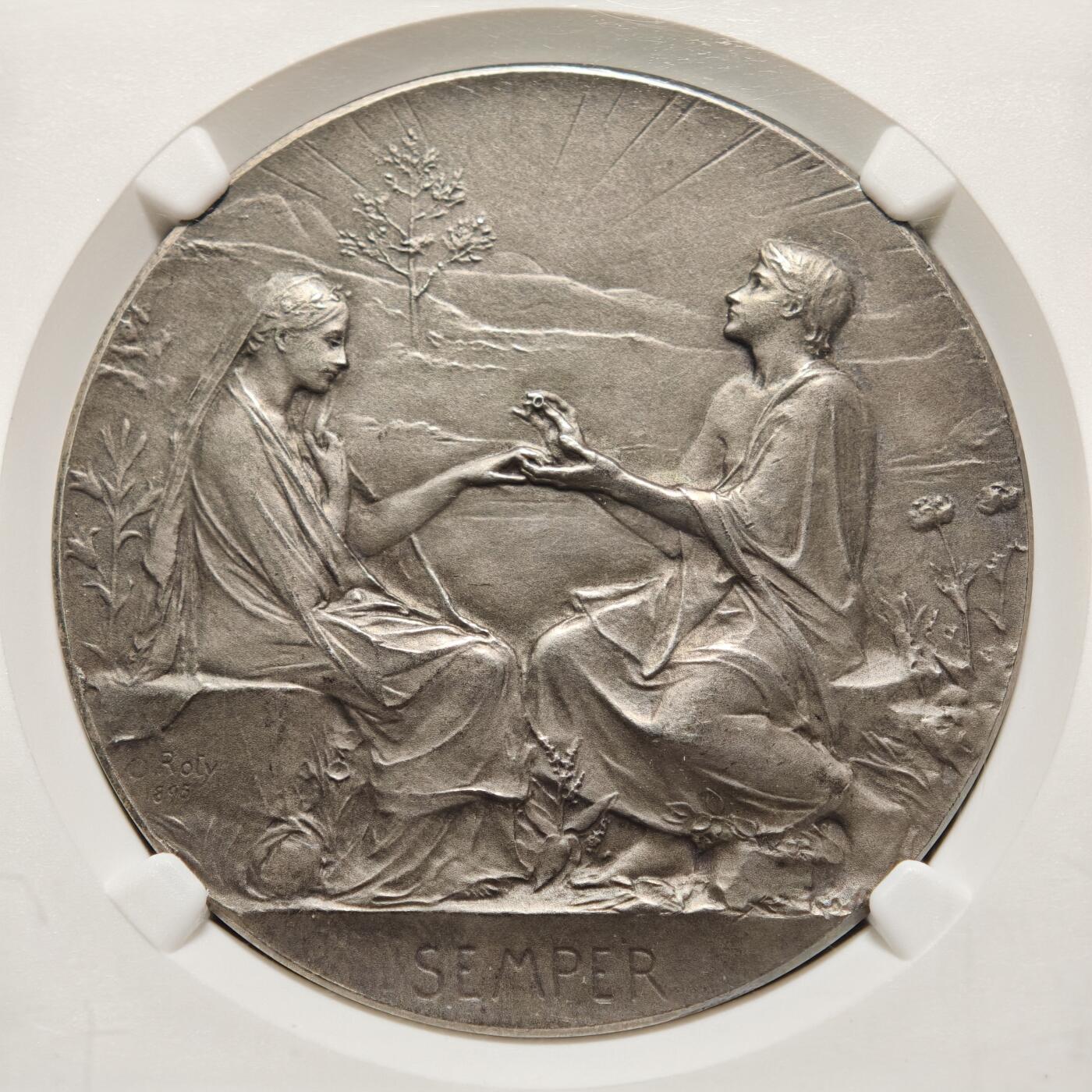 【德藏】世界币章拍卖第159期(元旦专场拍卖) 1895年 法国结婚纪念银章全新未刻字 名家罗蒂作品 NGC MS63 原味包浆