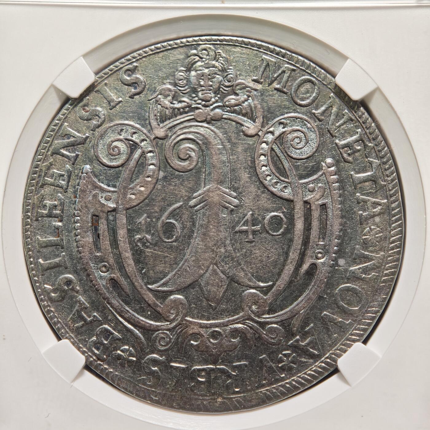 【德藏】世界币章拍卖第159期(元旦专场拍卖) 1640年 瑞士巴塞尔西里西亚布雷斯劳泰勒大银币 NGC AU53 深彩包浆 西里西亚布雷斯劳市，西里西亚是神圣罗马帝国的重要邦领，布雷斯劳是其核心城市；1640年正值三十年战争（1618-1648） 末期，欧洲局势动荡，该银币是战时西里西亚的流通与储藏货币