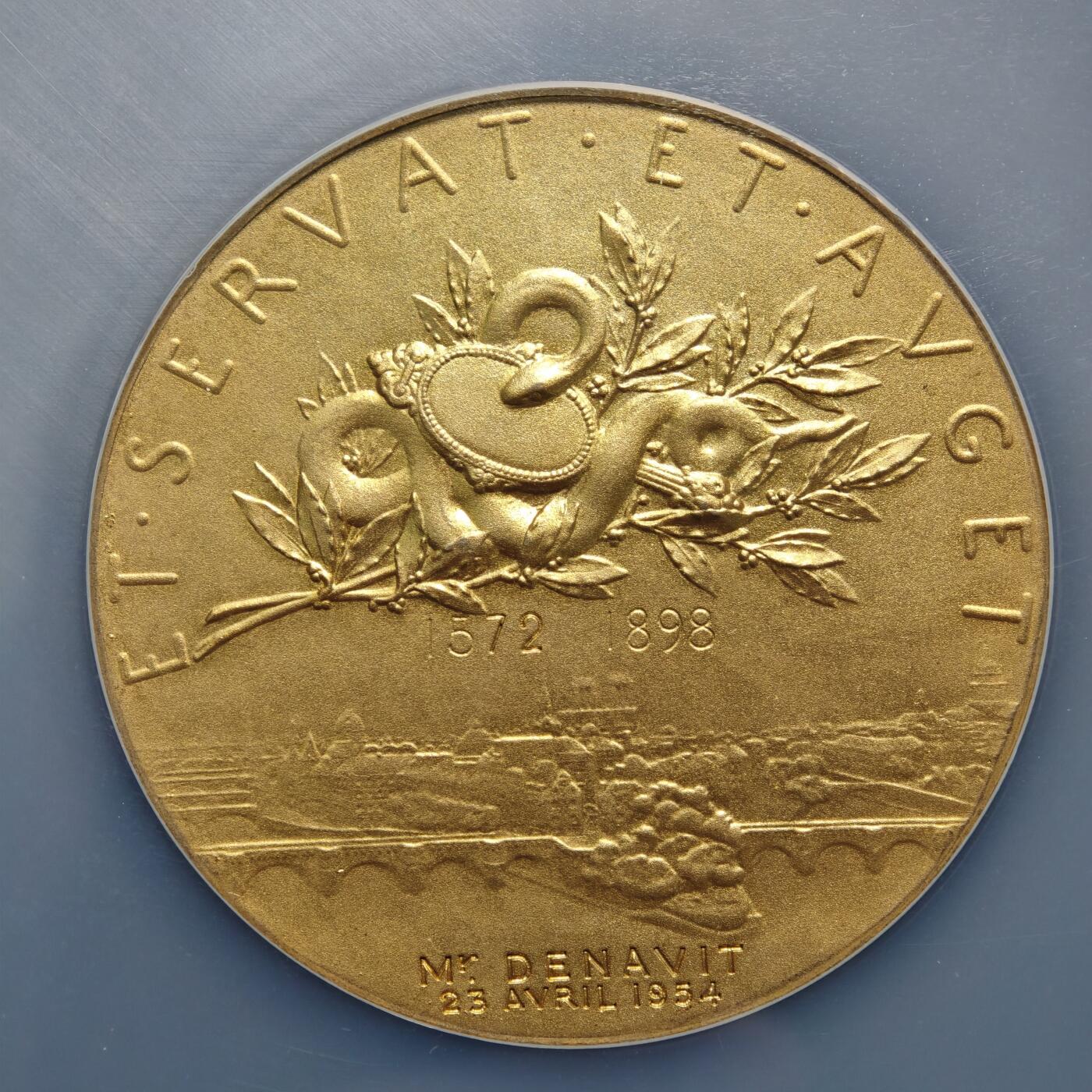 【德藏】世界币章拍卖第159期(元旦专场拍卖) 1898年 法国证券交易所代理人镀金50mm纪念大银章 名家罗蒂作品 NGC MS65 磨砂质感 金水十足 人物刻画传神