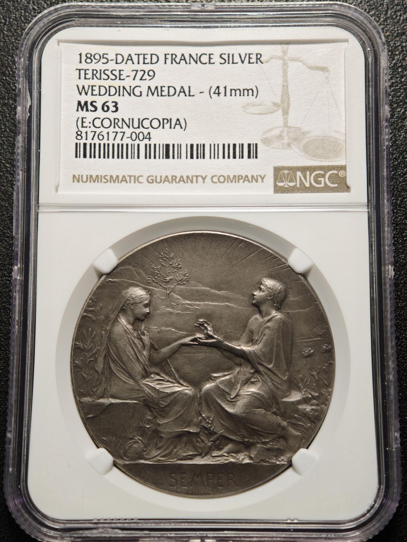 【德藏】世界币章拍卖第159期(元旦专场拍卖) 1895年 法国结婚纪念银章全新未刻字 名家罗蒂作品 NGC MS63 原味包浆