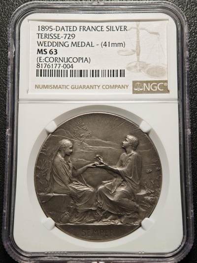 【德藏】世界币章拍卖第159期(元旦专场拍卖) - 1895年 法国结婚纪念银章全新未刻字 名家罗蒂作品 NGC MS63 原味包浆