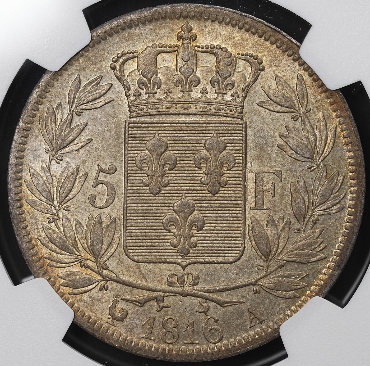 修遠堂世界钱币第九十九期 NGC MS61 1816年路易十八5法郎大银币 A厂铭 入骨五彩包浆味道一流