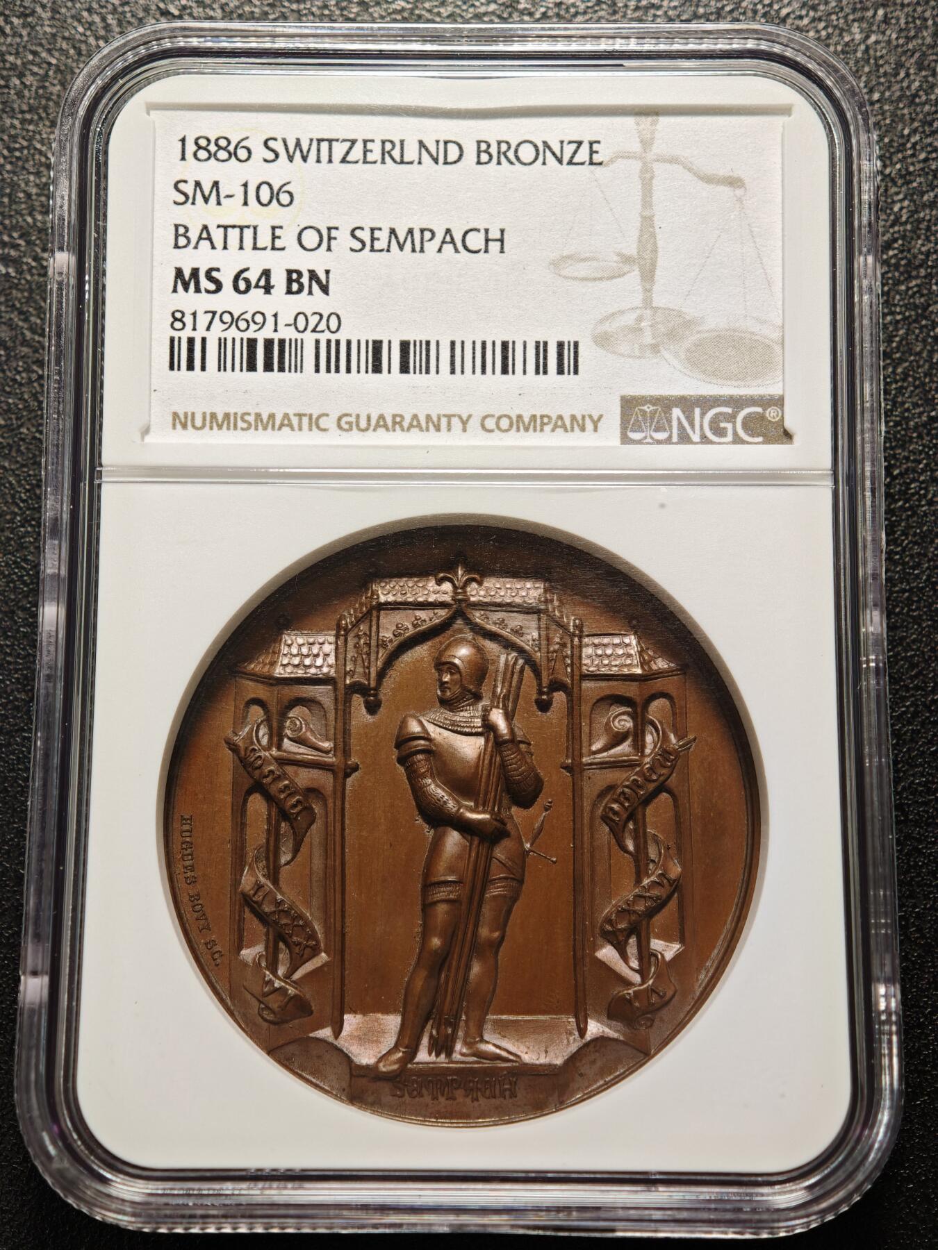 【德藏】世界币章拍卖第159期(元旦专场拍卖) 1886年 瑞士森帕赫战役600周年高浮雕纪念铜章 NGC MS64BN 包浆温润 立体感极强 细节极其丰富