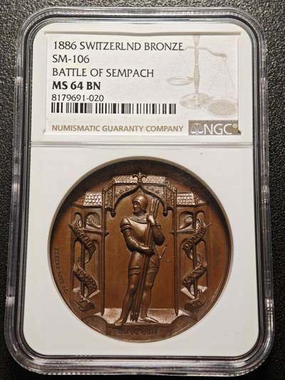 【德藏】世界币章拍卖第159期(元旦专场拍卖) - 1886年 瑞士森帕赫战役600周年高浮雕纪念铜章 NGC MS64BN 包浆温润 立体感极强 细节极其丰富