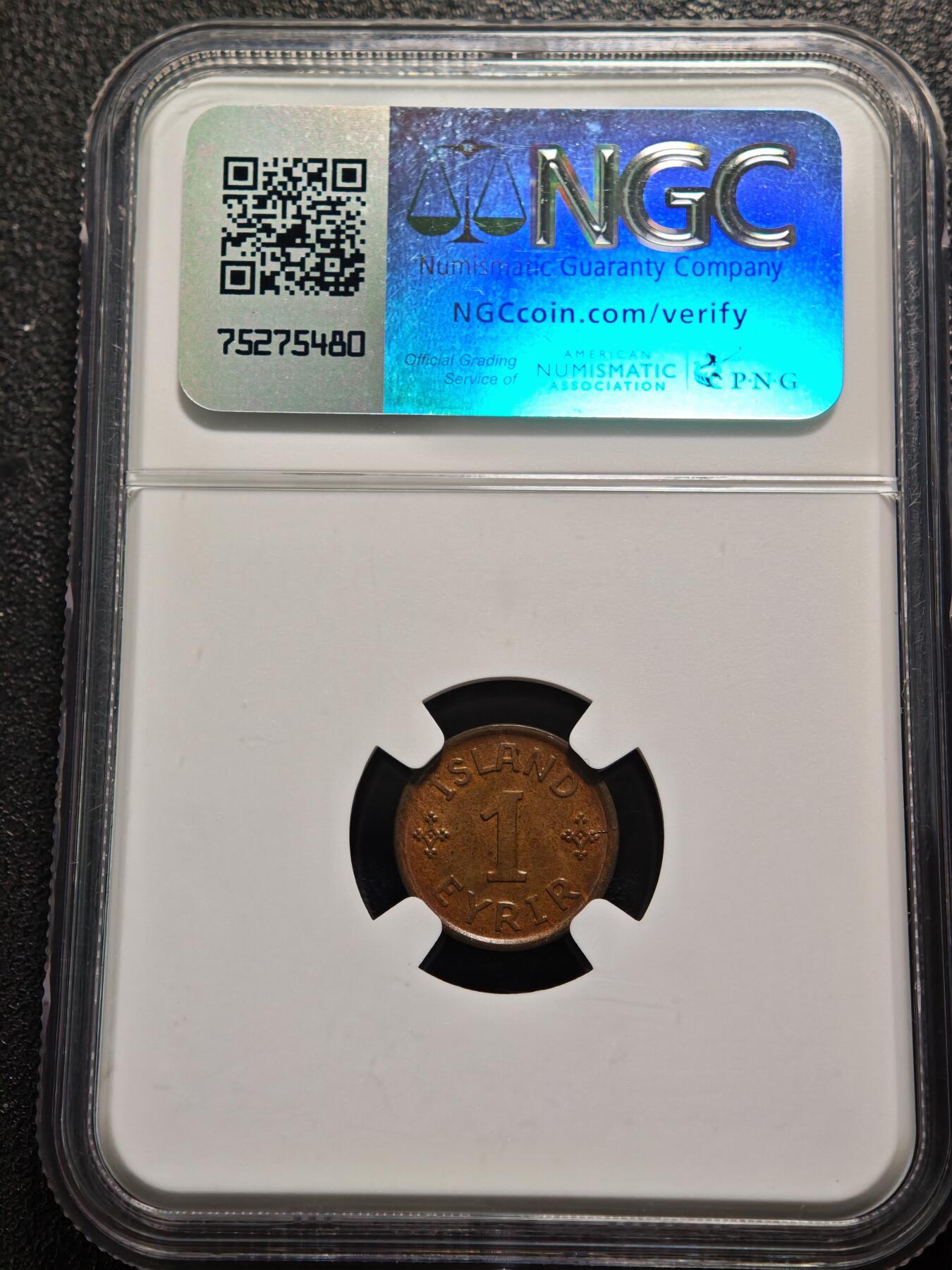 【德藏】世界币章拍卖第159期(元旦专场拍卖) 1926年 冰岛1埃铜币 NGC MS64BN 状态极佳